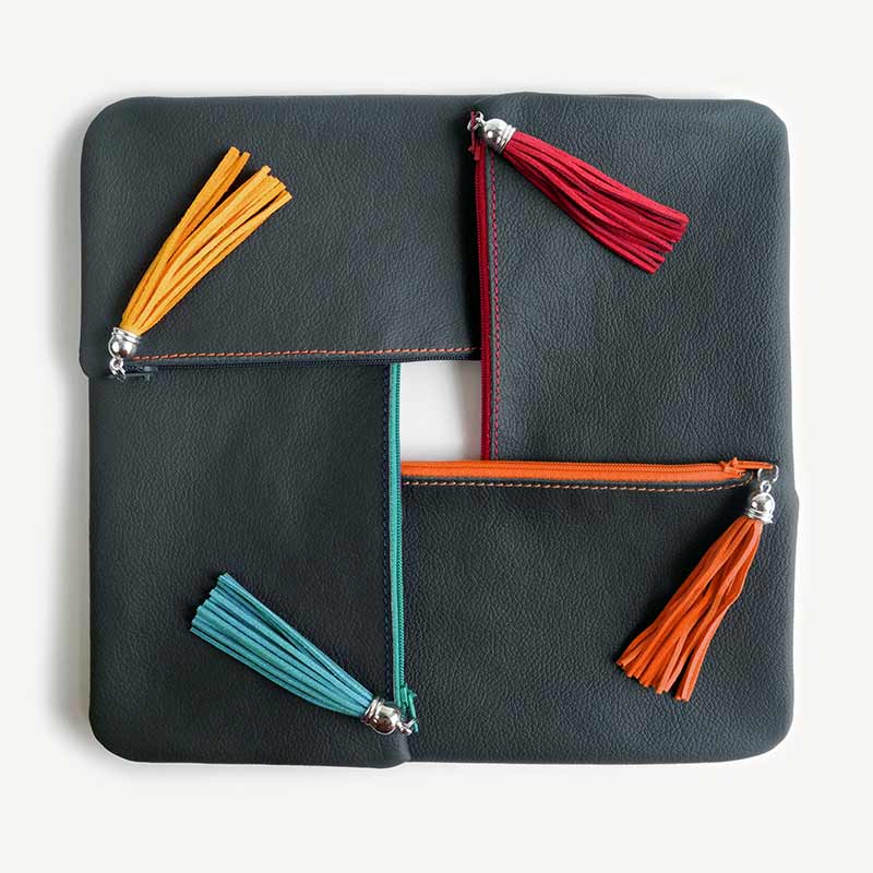 Pencil case with Tassel Black Leather Pencil Case with Colorful Tassels