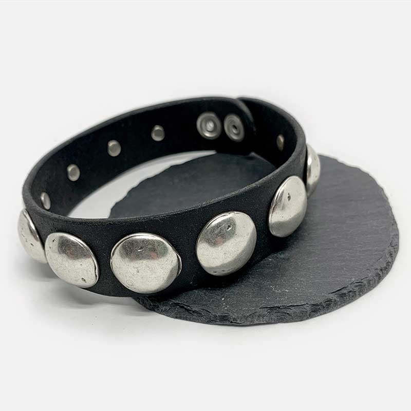 Black Leather Cuff Bracelet with Conchos