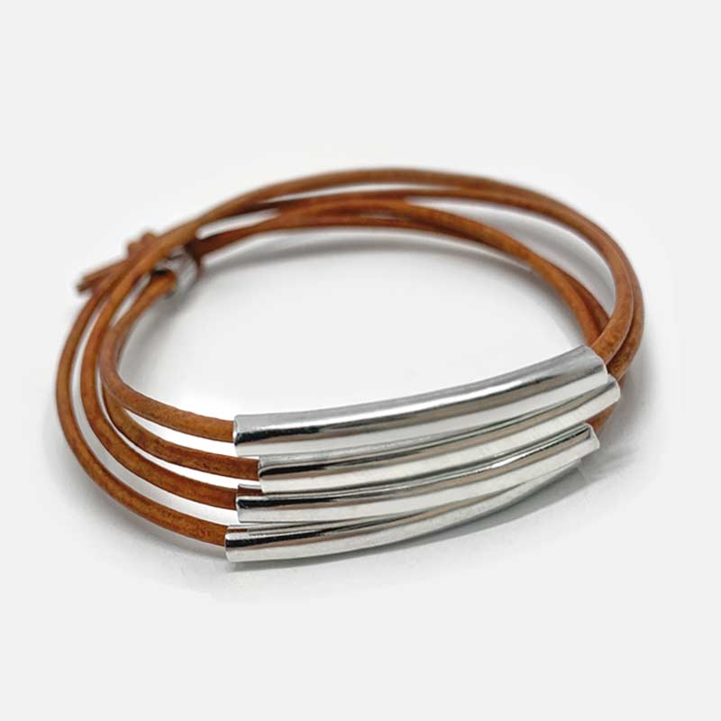 Leather Wrap Bracelet with Steel Tube Beads