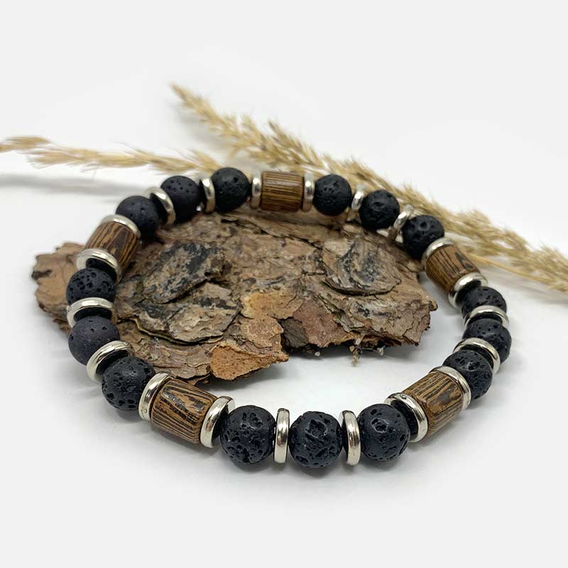 Beaded Bracelet with Lava, Steel and Wengé Wood Beads