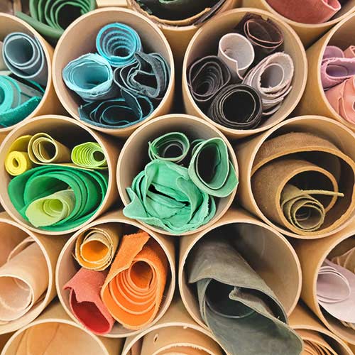 Colorful Leather Hides in Cardboard Rolls