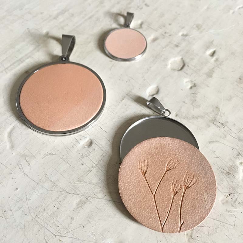 Stainless Steel Leather Pendant with Botanical Imprint
