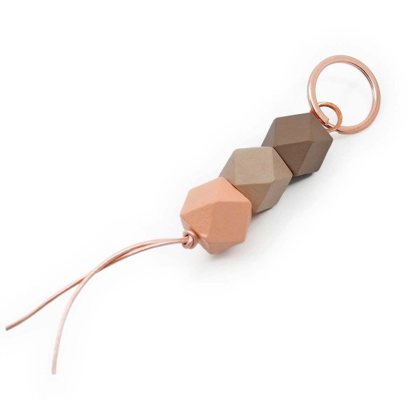 Preview: Keychain with geometrical wooden beads, rose gold, beige and taupe colored