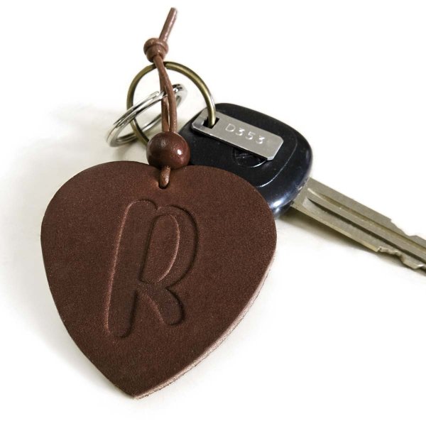 Brown Leather Heart Keychain with monogram
