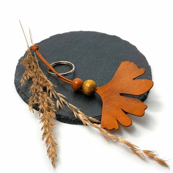 Amber Leather Ginkgo Leaf Keychain
