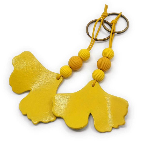 Preview: Yellow Ginkgo Leaf Keychain - Eco Leather and FSC Certified Maple Wood