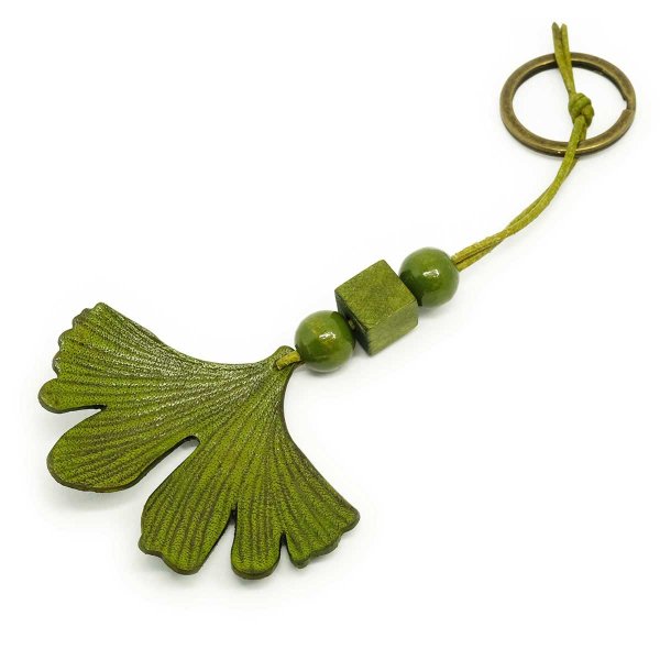 Preview: Olive Green Leather Ginkgo Leaf Keychain