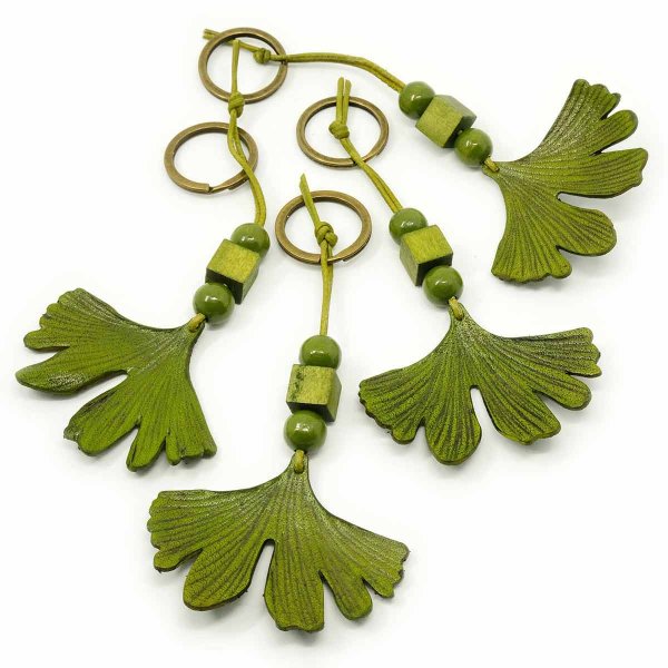 Preview: Olive Green Leather Ginkgo Leaf Keychain