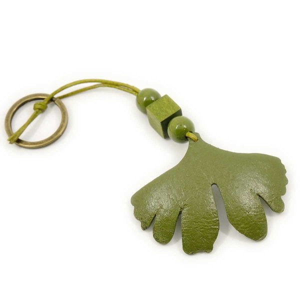 Preview: Olive Green Leather Ginkgo Leaf Keychain