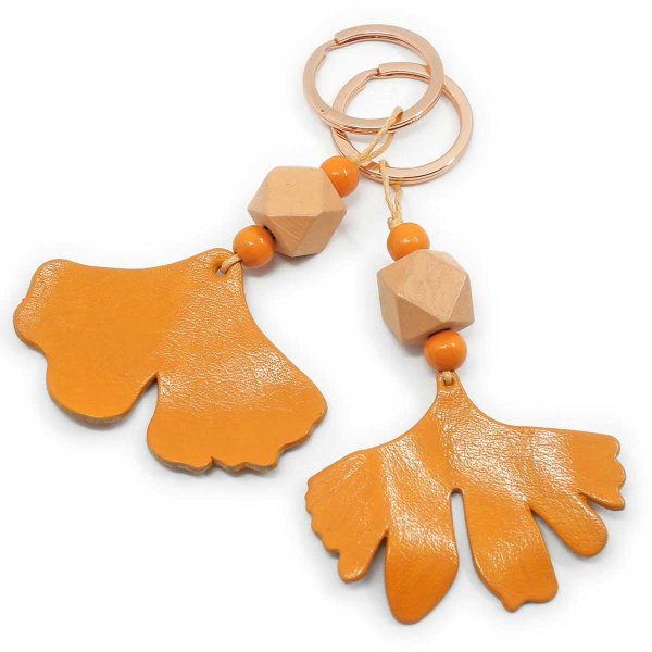 Rose gold Ginkgo Leaf Keychain with wood beads