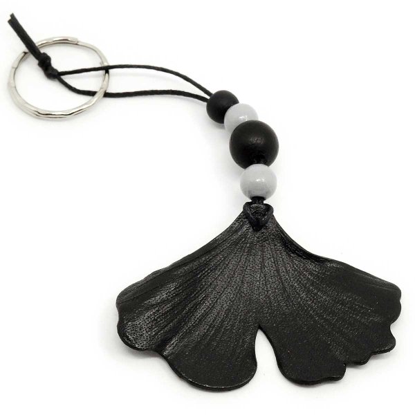 Black Ginkgo Leaf Keychain with wood beads from certified maple