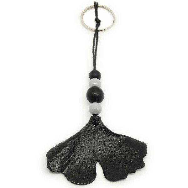 Preview: Black Ginkgo Key Ring, handmade from Eco Leather and Maple Wood Beads