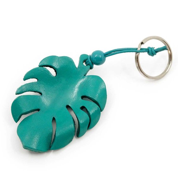Preview: Turquoise Monstera Leaf Keychain handmade from zero-wasteleather