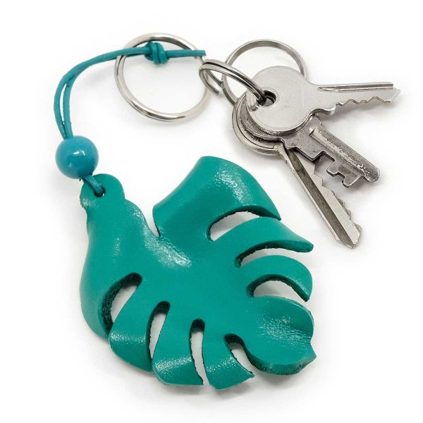 Monstera Leaf Keychain handmade from teal leather