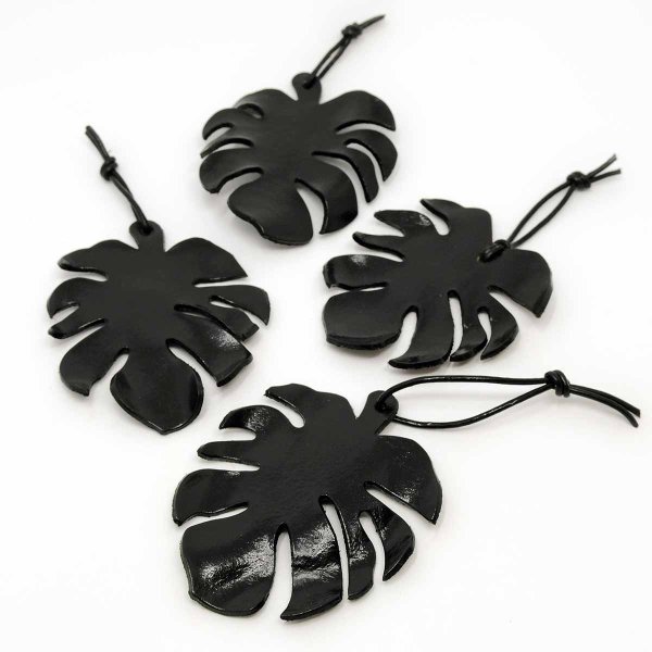 Black Monstera Leaf Keychain handmade from zero-wasteleather