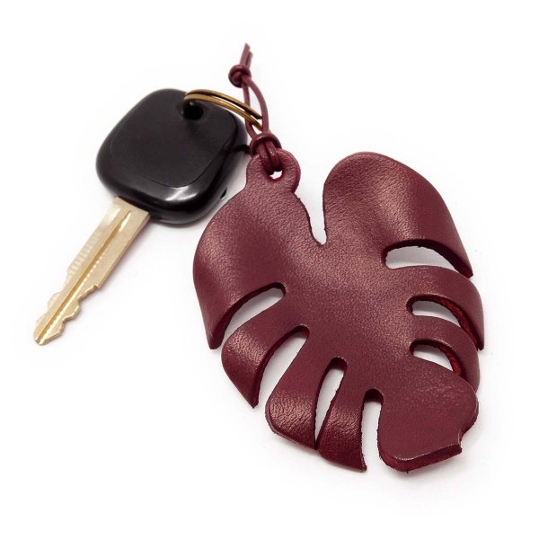 Preview: Dark Red Leather Monstera Leaf Keyring