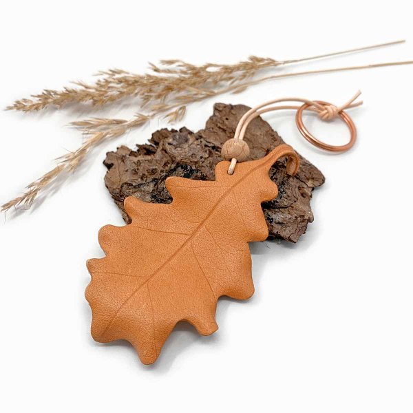 Preview: Leather Leaf with Wood Bead Keychain