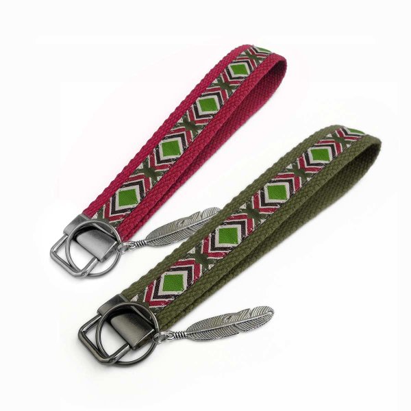 Cotton Canvas Wristlet Key Chain with Feather Pendant