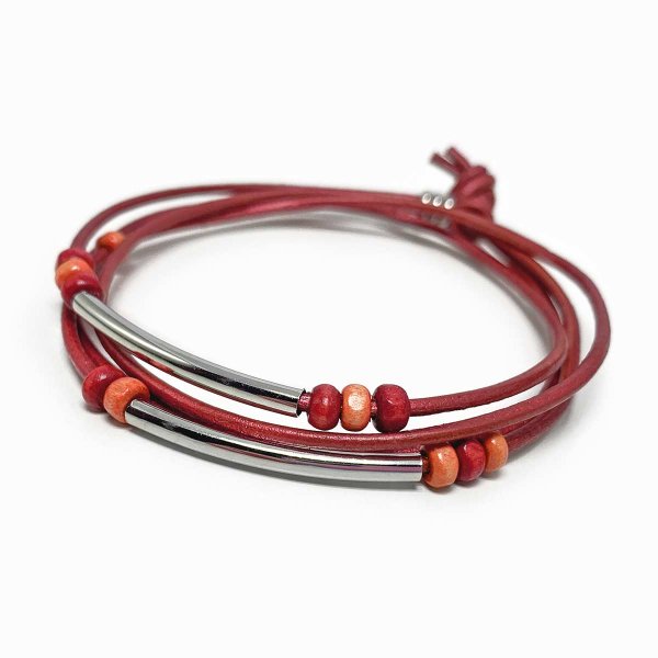 Preview: Leather Wrap Bracelet with Wood Beads