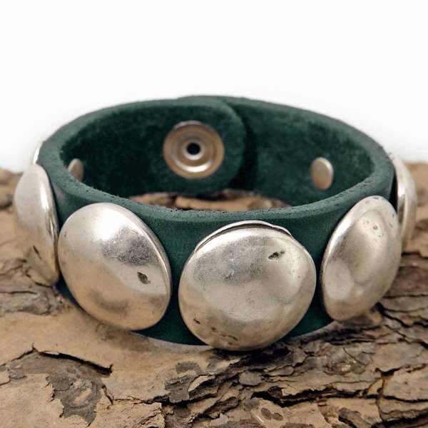 Dark green leather bracelet with silver-tone conchos