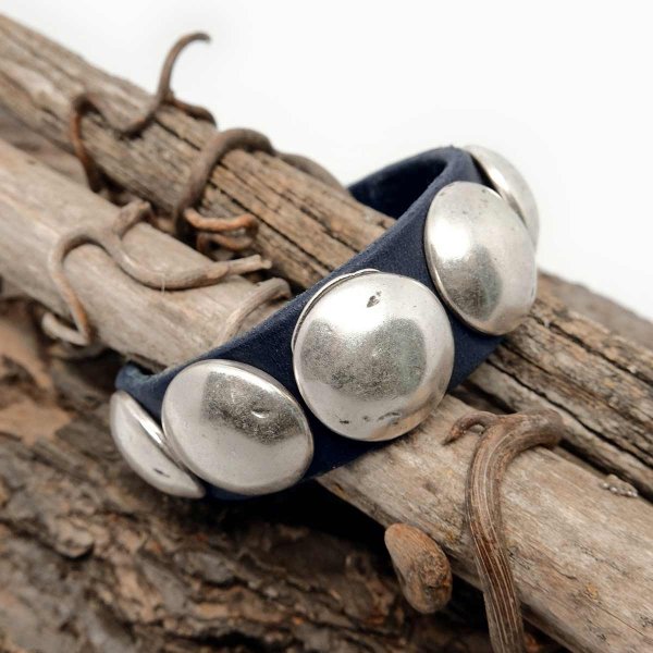 Blue Leather Bracelet with Silver Conchos