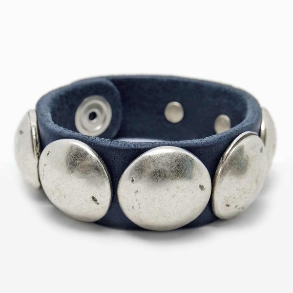 Preview: Dark Blue Veg-Tan Leather Wristband with Conchos