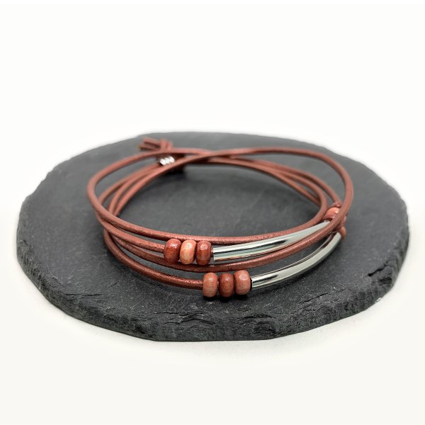 Preview: Leather Wrap Bracelet with Wood Beads