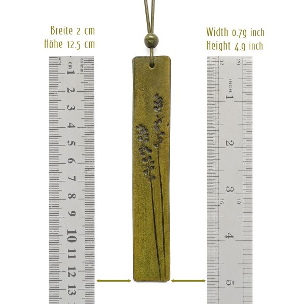 Olive green grasses pendant on adjustable leather necklace