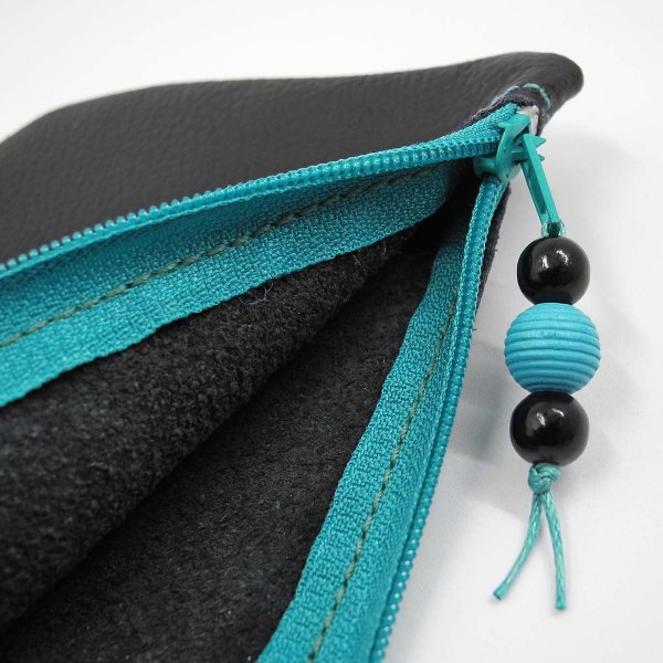 Preview: Black Leather Pencil Pouch with Contrasting Blue Zipper