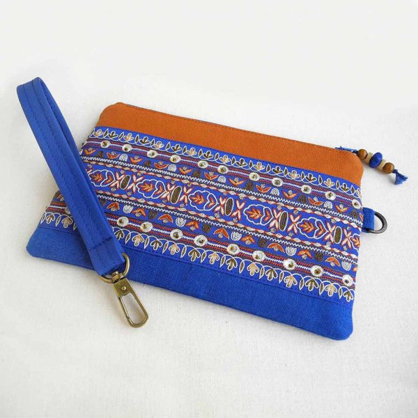 Blue and Copper Linen Cell Phone Pouch