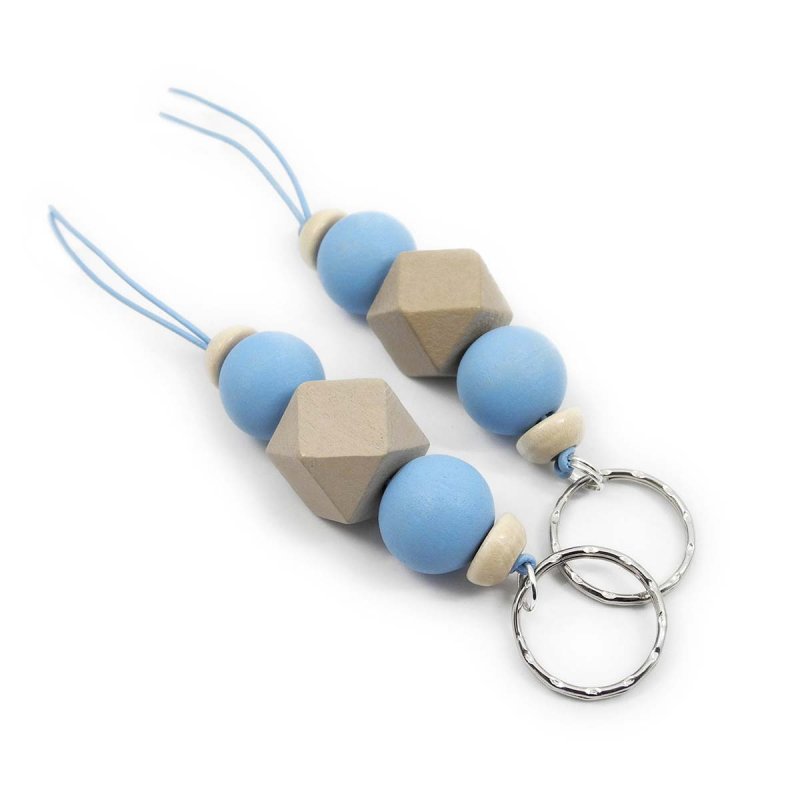 Cute Beaded Keychain with Wooden Beads in Sky Blue and Cream Beige