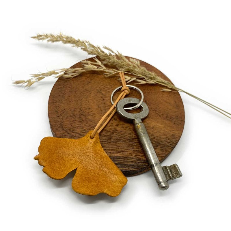 Ginkgo Leaf Keychain, handmade from genuine leather