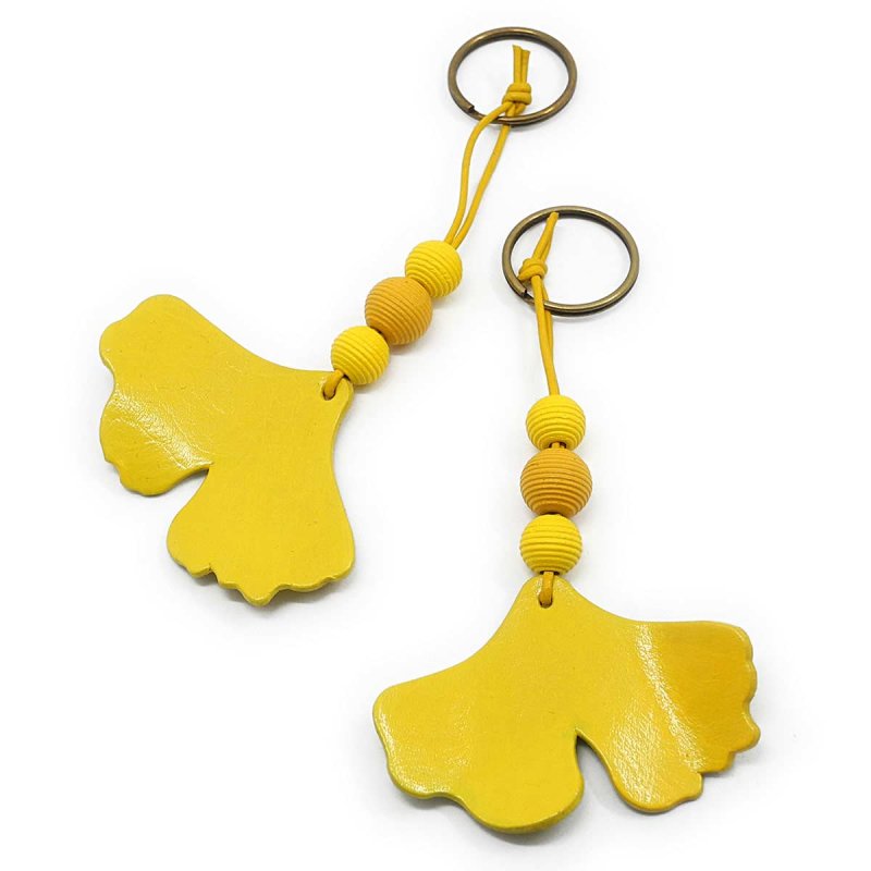 Yellow Ginkgo Leaf Keychain, handcrafted from eco-friendly leather