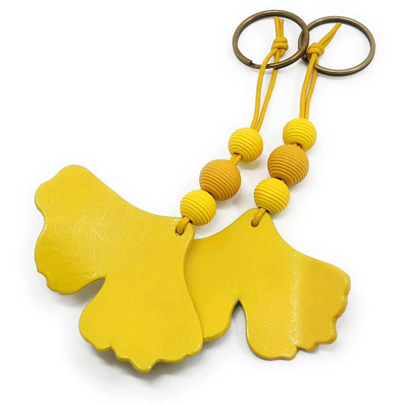 Yellow Ginkgo Leaf Keychain with wood beads from certified maple