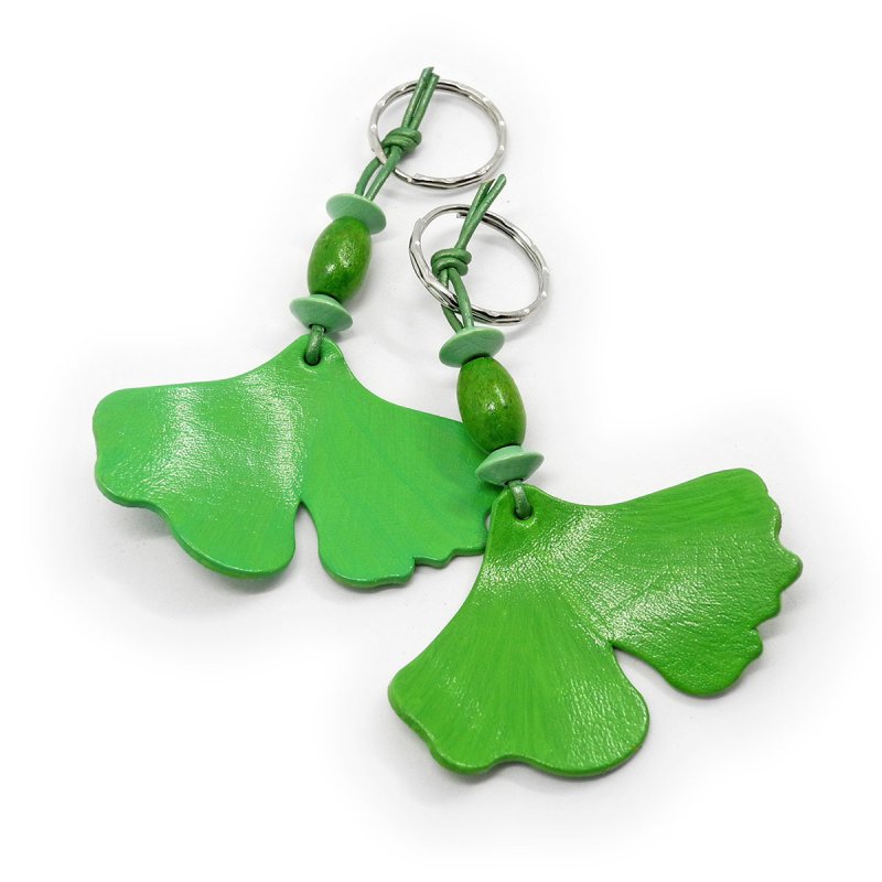 Kelly Green Leather Ginkgo Leaf Keychain