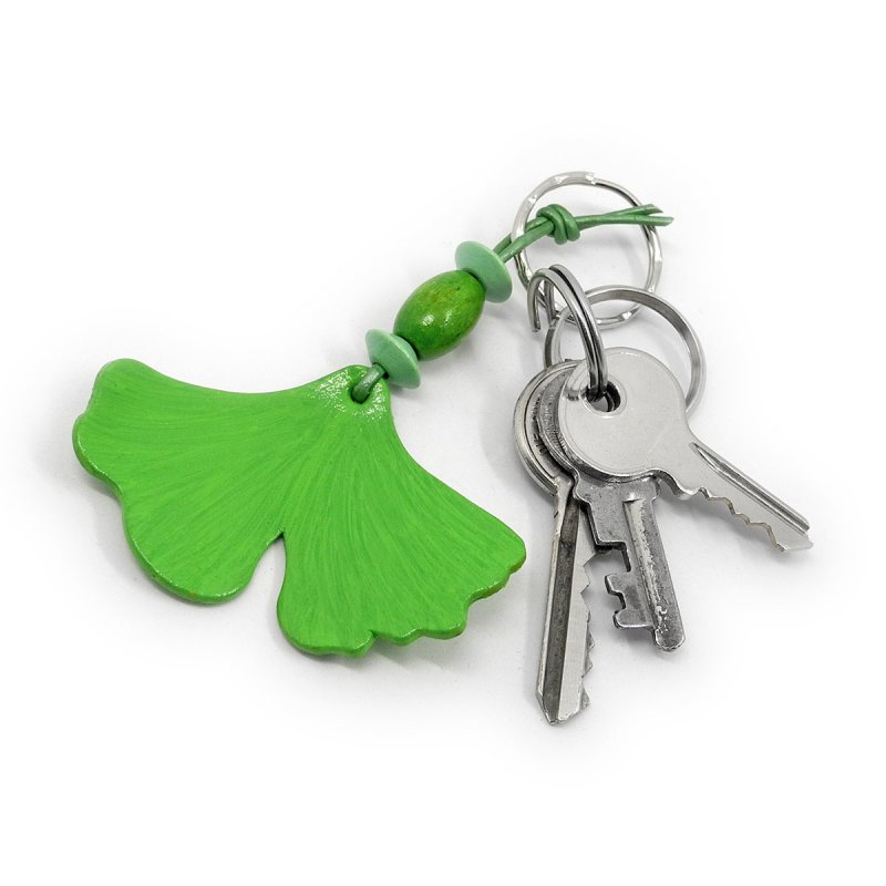 Handmade Leather Ginkgo Leaf Keychain in Green