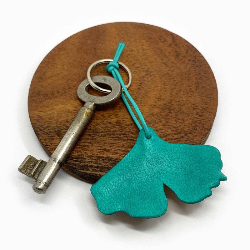 Turquoise Leather Ginkgo Leaf Keychain