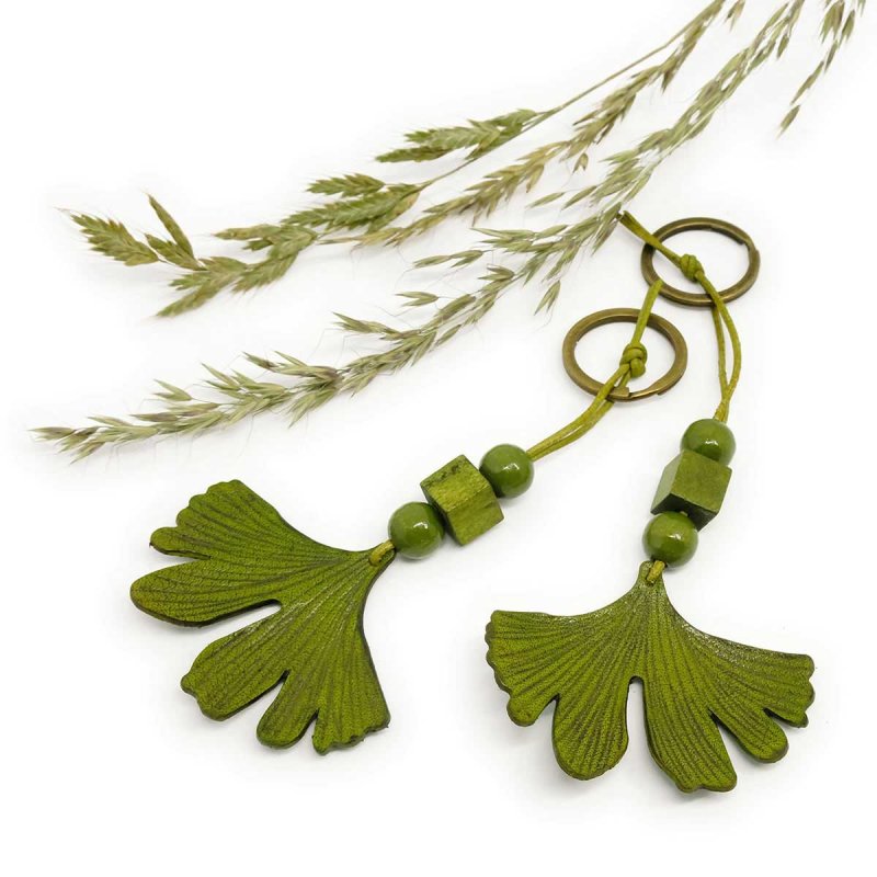 Olive Green Leather Ginkgo Leaf Keychain