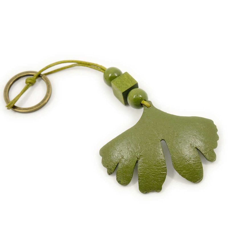 Olive Green Leather Ginkgo Leaf Keychain