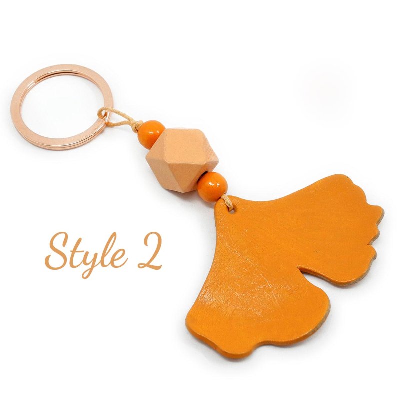Rose Gold Leather Ginko Leaf Keychain Style 2