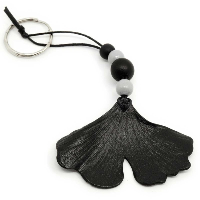 Black Ginkgo Leaf Keychain with wood beads from certified maple