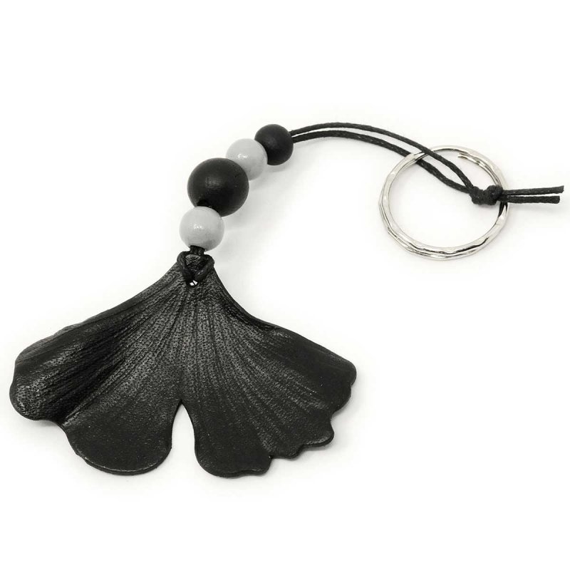 Black Leather Ginkgo Leaf Keychain