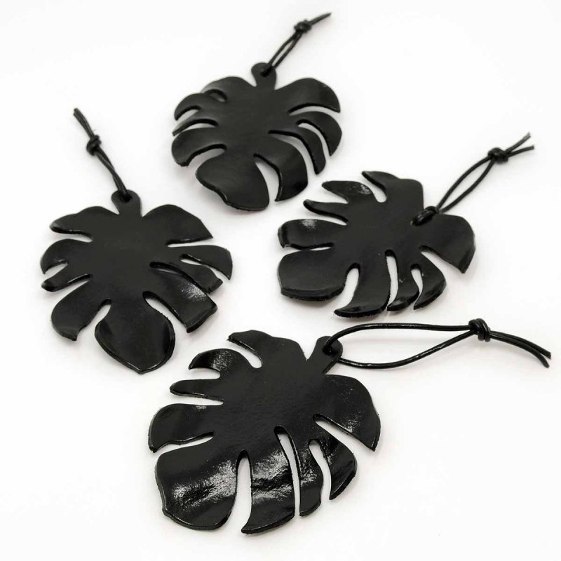 Black Monstera Leaf Keychain handmade from zero-wasteleather