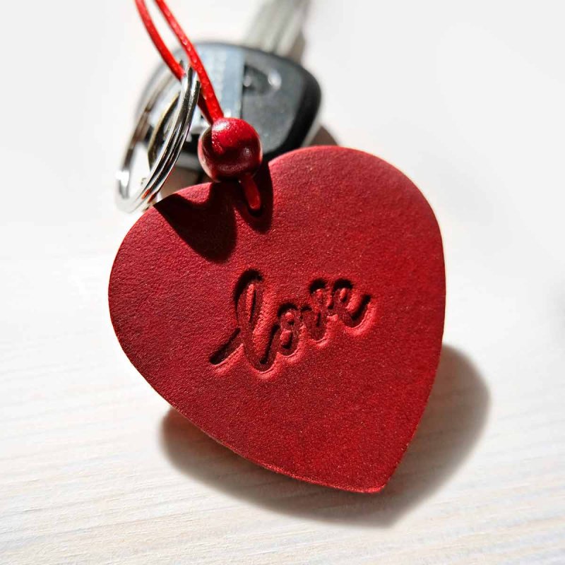 Red Leather Keychain with "Love" engraved