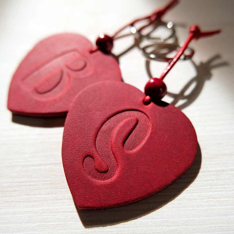 Handcrafted cherry red leather heart keychain