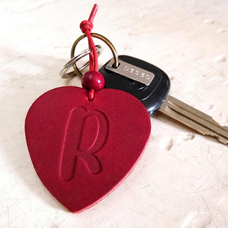 Personalized Red Leather Heart Keychain