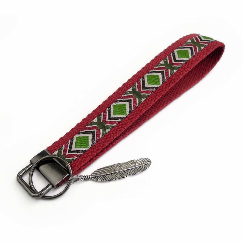 Cotton Wristlet Key Chain with Feather Pendant