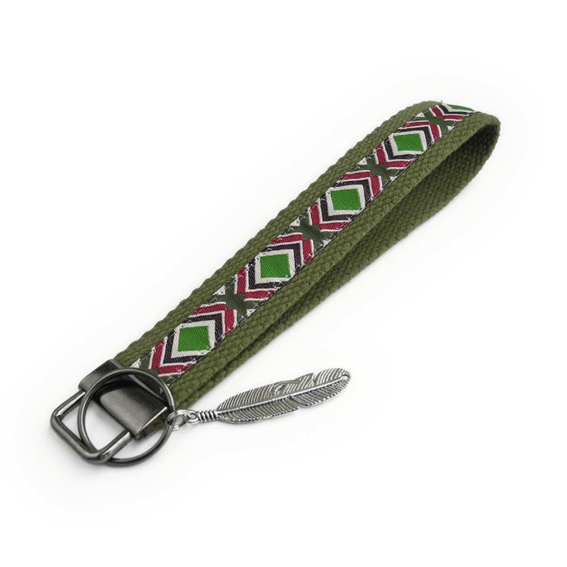 Canvas Wristlet Keychain with Feather Pendant