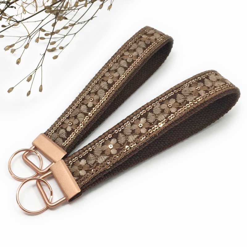 Brown Keychain Wristlet with Embroidery