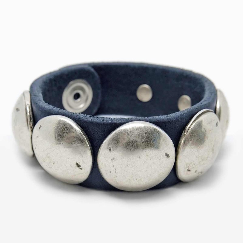 Dark Blue Veg-Tan Leather Wristband with Conchos